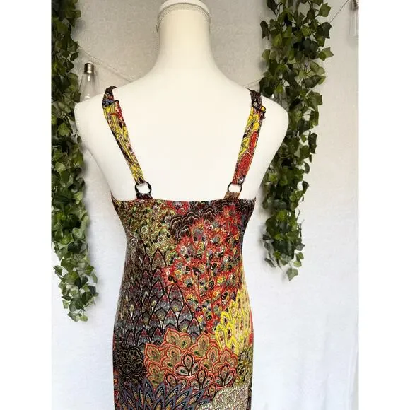 Raindrops by Papillon Black Orange Peacock Maxi Dress Women's Small - Picture 10 of 12